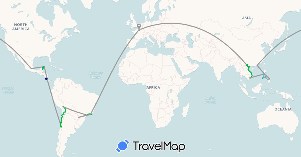 TravelMap itinerary: driving, bus, plane, boat in Bolivia, Brazil, Chile, China, Costa Rica, France, Mexico, Philippines, Vietnam (Asia, Europe, North America, South America)